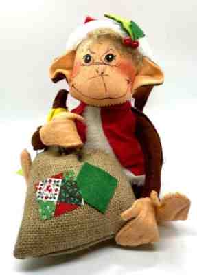 Vintage Annalee Christmas Monkey Santa Hat Burlap Bag Banana GREEN TAG LABEL