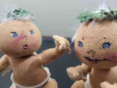 TWO RARE Annalee Hand Painted Christmas Angel w/ FEATHER Hair Christmas Wreaths