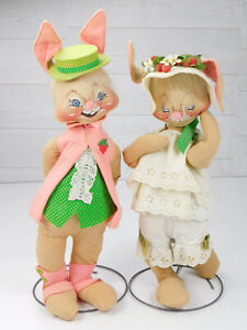 Rare 1968 Annalee Bunny Rabbit 20" Mr & Mrs Strawberry Easter Couple Set of 2