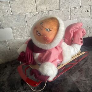 Annalee Mobilitee Doll Christmas Young Girl Child on Sleigh Snow Sled 1990