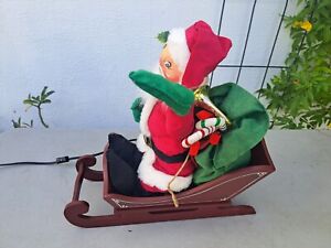vintage 1985 Annalee animated motorized Santa on wood sleigh 17" high opem eyes