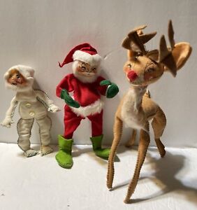 Vintage Annalee Dolls Holiday Christmas Santa 1969, Reindeer 1969, Elf 1971 Lot