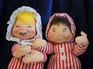 REDUCED- Vtg. Pair Annalee 1965 Christmas Dolls 18" Striped Pajamas Poseable