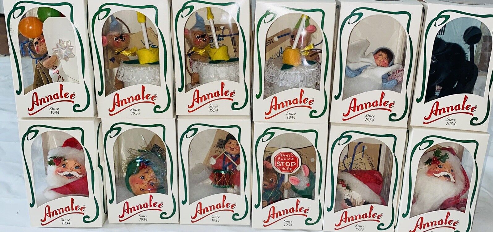 12pc Lot ANNALEE DOLL ORNAMENTS Santa Elf Baby Poodle Dog Birthday Mouse In Box