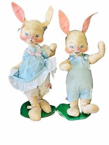 Annalee Doll Set 2 18 20 Inch Polkadot Girl Dress Boy Easter Bunny Overalls 1982
