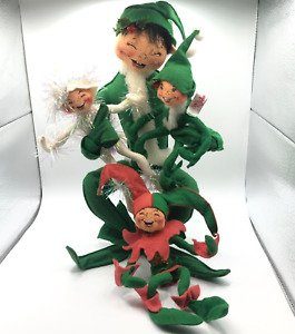 Annalee Christmas Elf Elves Posable (4) 1 Large & 3 Small Felt Tinsel Jester USA