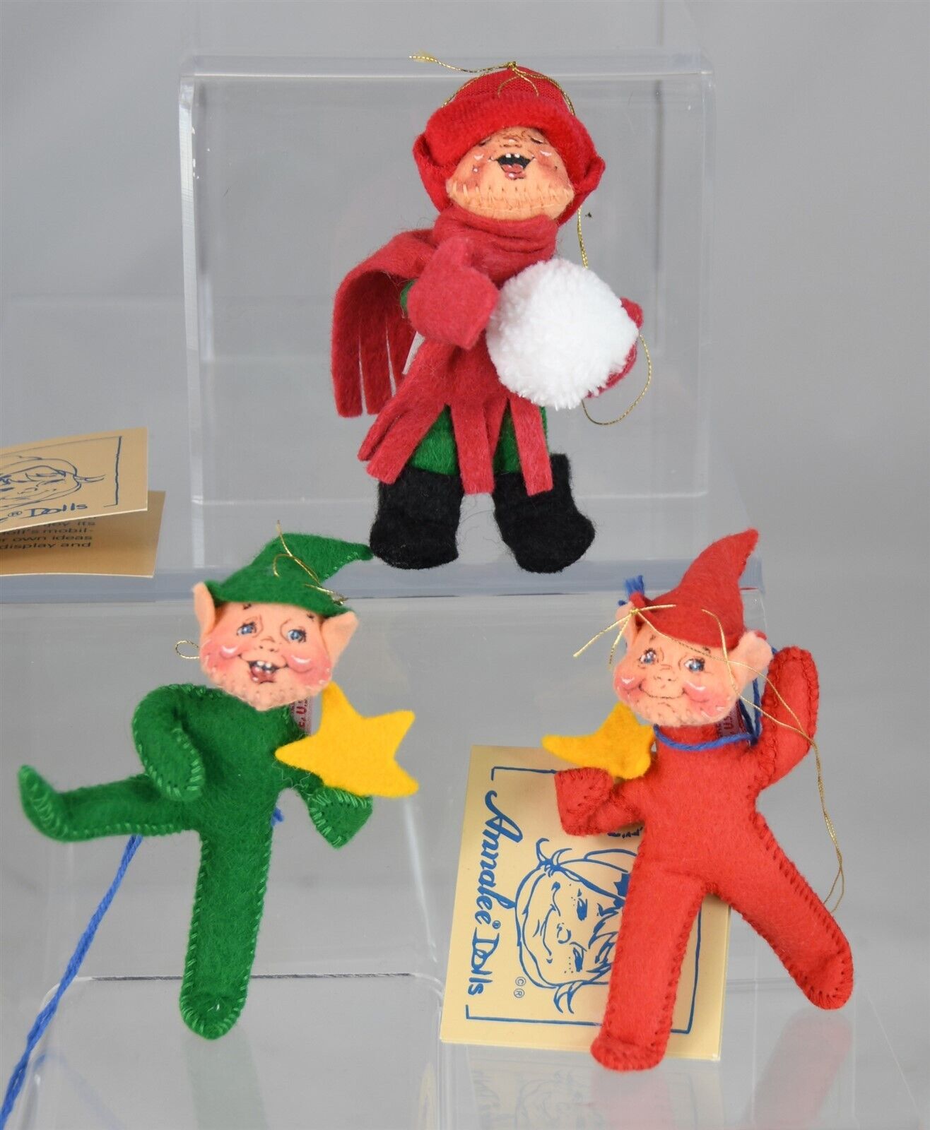 Annalee Three Christmas Elves 1989-1995 Made in USA Mint Boxes and Tags 3.5" Elf