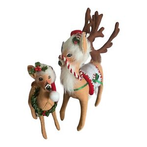 2005 Annalee Christmas Reindeer Candy Cane Saddle & Deer Fawn Santa Hat & Wreath