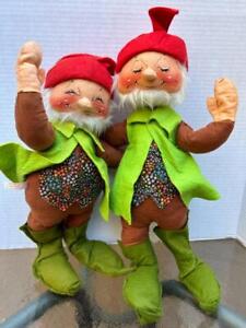 2 VINTAGE ANNALEE 20" ELF GNOME PIXIE MOBILITEE DOLL HAT VEST POSEABLE 70S