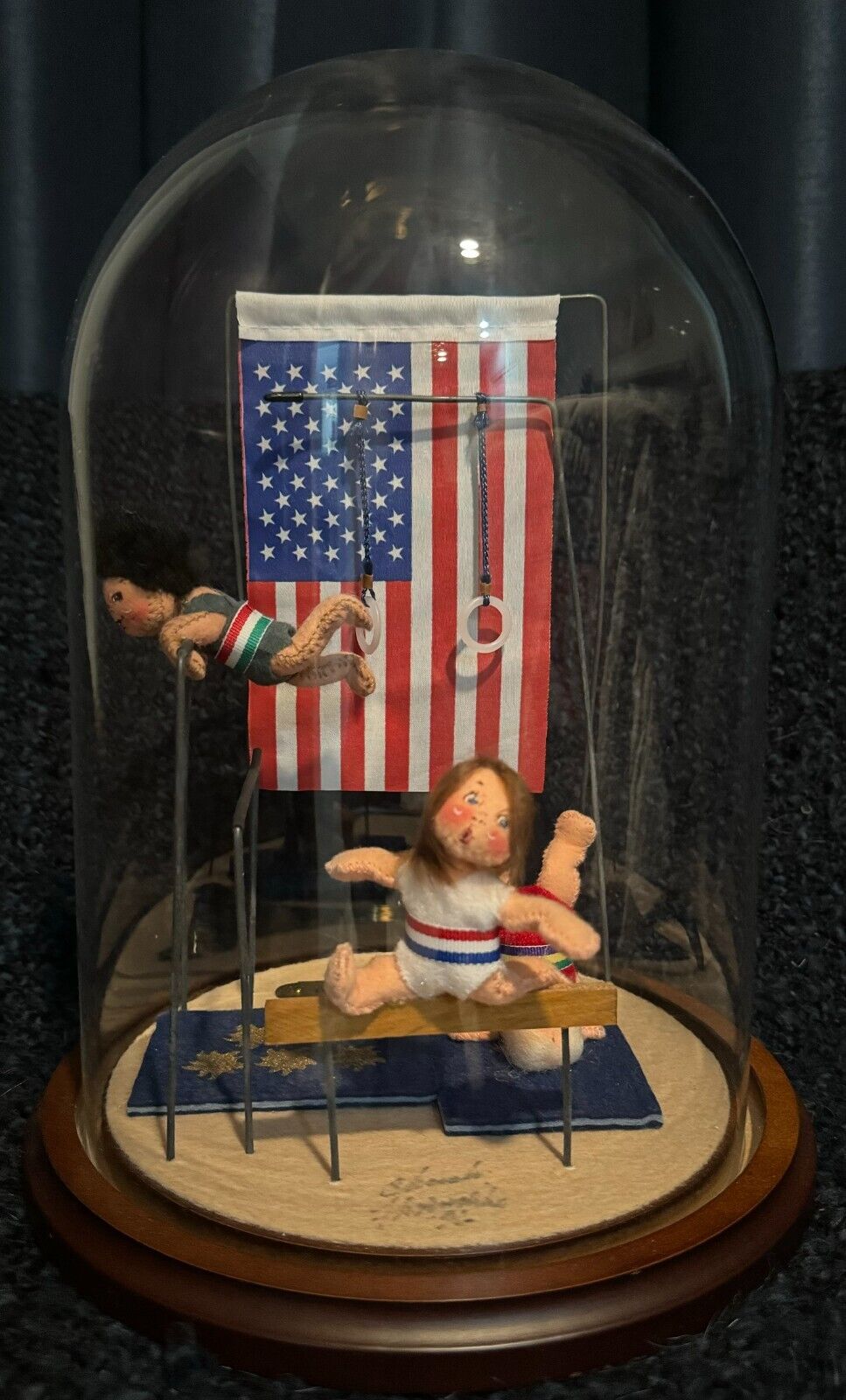 Annalee Dreams of Gold Olympic Gymnastics Vignette with Glass Dome & Wood Base