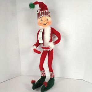 2005 Annalee 22" Red Candy Stripe Elf Blonde Hair Sitter with Tag Christmas