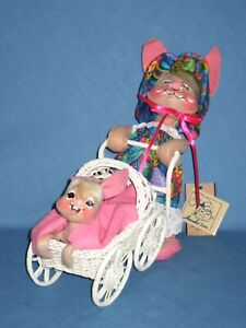 ANNALEE 10" Mom Bunny Strolling w Baby In White Wicker Carriage ~ NWT ~ USA '97