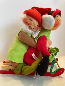 1971 ANNALEE 14” Mobilitee Girl and Boy Doll on Sleigh Wood Sled Christmas
