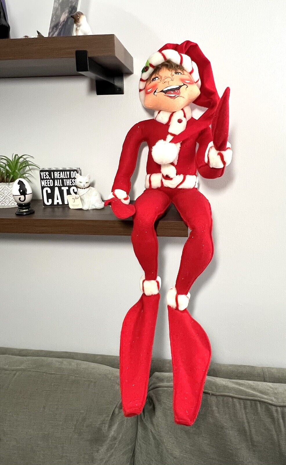 Vtg 2008 HTF Annalee 30 Inch Red Peppermint Christmas Elf On A Shelf RARE