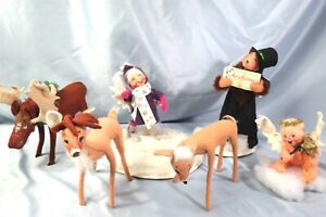 6pc Lot Annalee Christmas Dolls Moose Deer Caroler Angel Slingshot