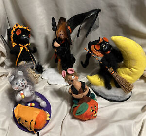 Lot Of 5 Annalee Halloween Dolls Witches Mice Black Cat Moon Candy Corn