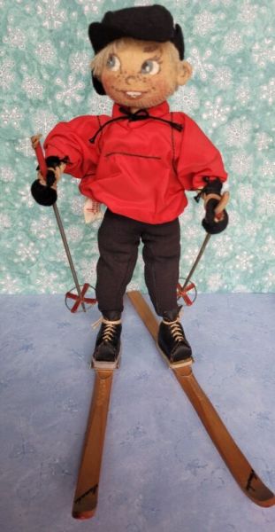 VERY RARE Circa 1950s ANNALEE Skier SCARCE Example with Poles and Wooden Skis