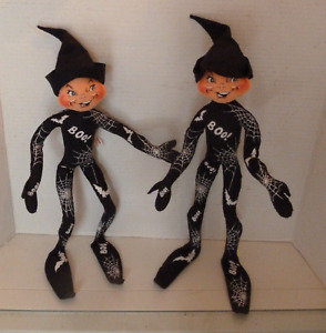 LOT OF 2 Annalee HALLOWEEN DOLL 2004 Black Spider Web BOO Elf Pixie  14"