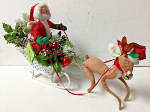 Vintage Christmas Annalee Doll Santa with Wicker Sleigh & Reindeer