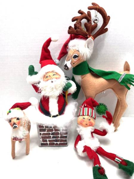 Lot 4 Annalee Christmas Mobilitee Dolls 2003-2013 Santa w/chimney, Reindeer, Elf