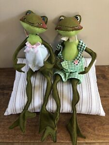 Annalee Vintage Dolls Frogs Checkered Green Overalls White Dress 1969 Approx 20”