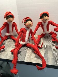 RARE Vintage Large Handcrafted Annalee Thorndike Doll Red Santa Elf Set Of 3