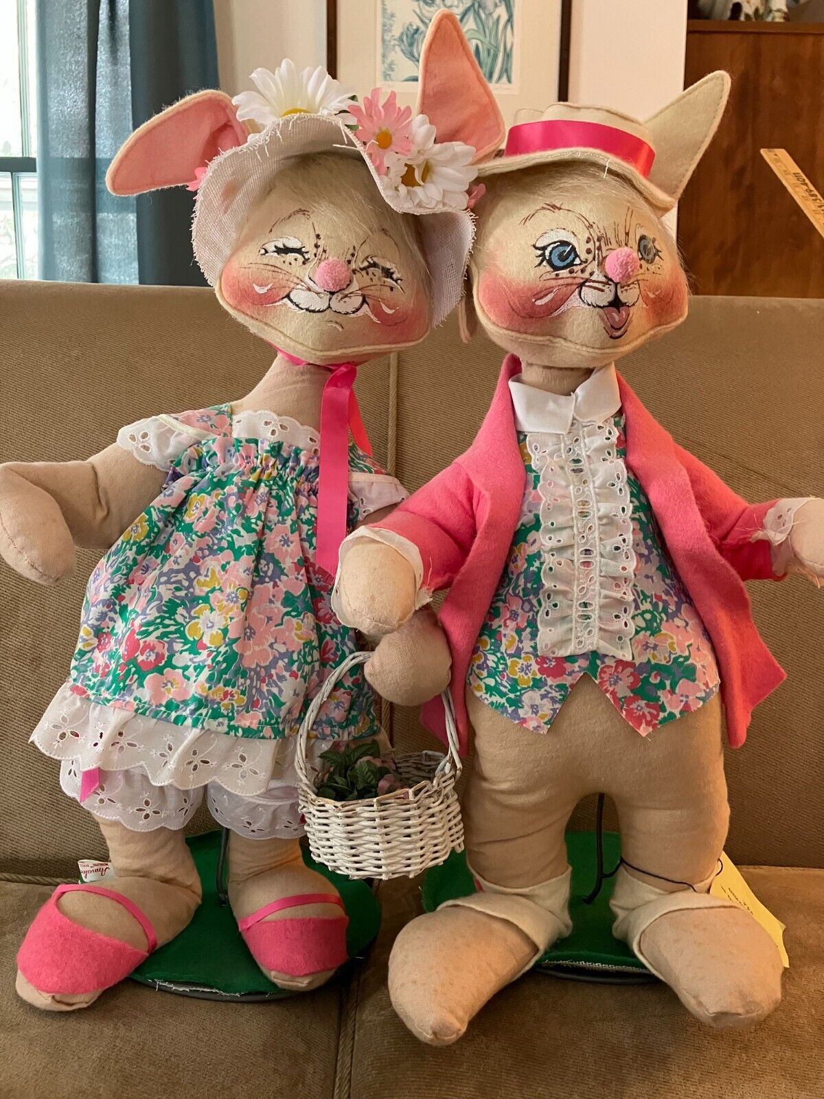 1976 Pair of 20" Annalee Boy & Girl Easter Rabbits With Stands