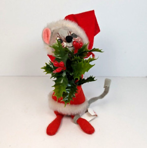 Annalee Christmas Mouse Santa 1967 Bouquet Holly 6" Doll Red Coat Pants Hat Vtg