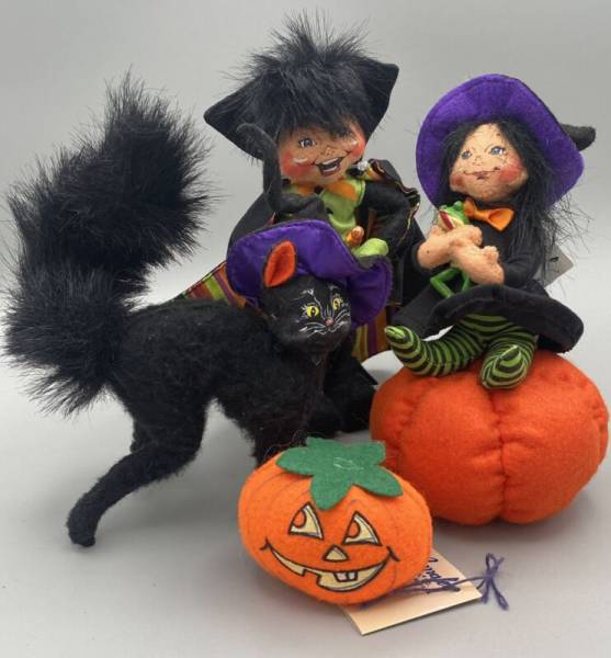 Annalee Dolls Halloween Lot 2010 8" Sparkle Warlock Elf, Cat, 2012 Witch & Frog