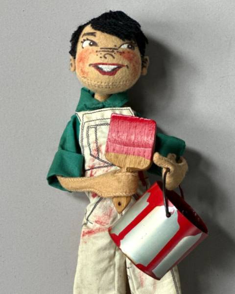 1984 Annalee Autographed Cloth Boy Doll w Wood Paint Brush & Tin Pail Woven Tag