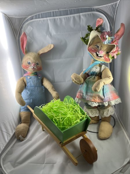 Annalee Large 20" Easter Parade Bunny Rabbit Couple Vintage 1982 Wheelbarrow