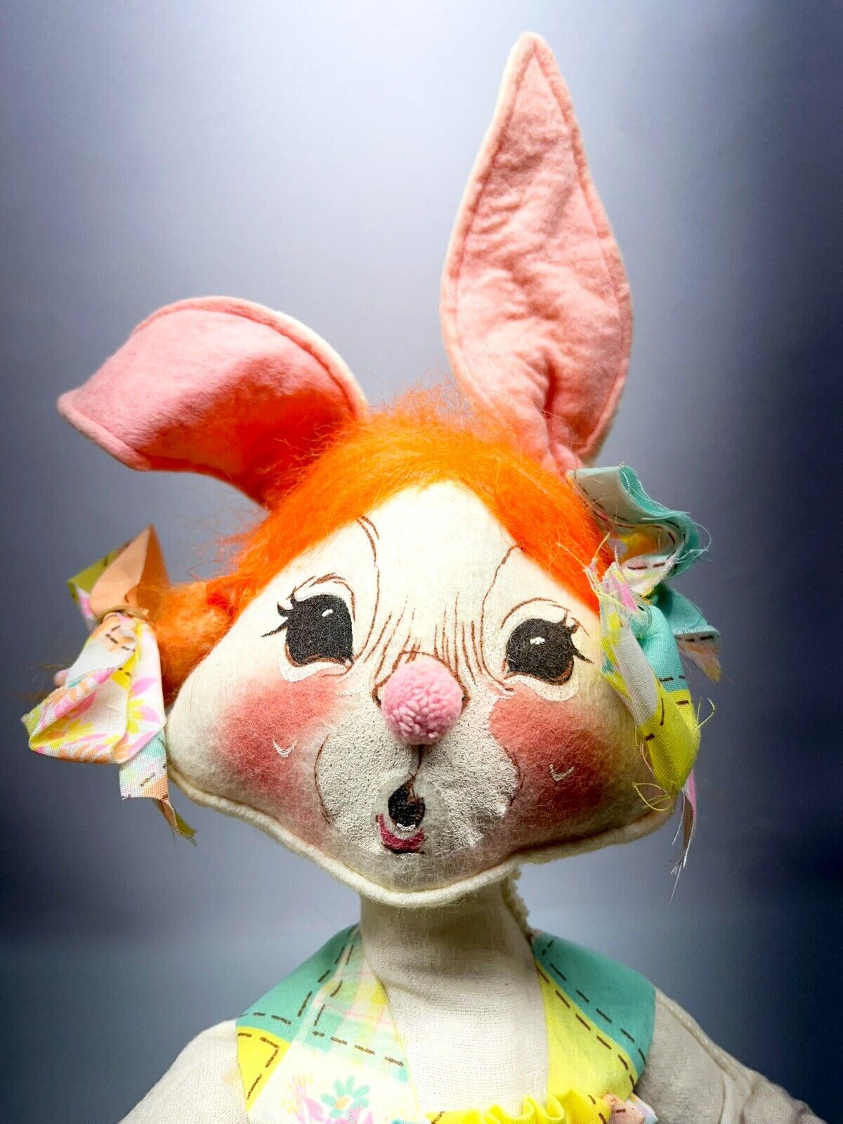 1971 Annalee Mobilitee 22" Easter Bunny Girl Doll Orange Hair Patchwork Dress