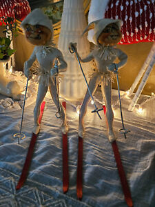 RARE 1961 VTG Annalee Pair of Pixie Ski Elves Tinsle Cream Red Skis