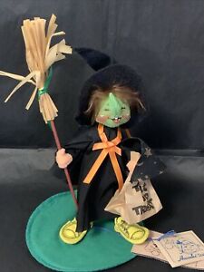Annalee 1996 Witch Kid 7" Green Black Trick Or Treat Doll with Tags EYES CLOSED