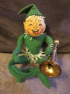 Vintage 1955 Annalee 10" Green Elf with Tinsel and Trumpet