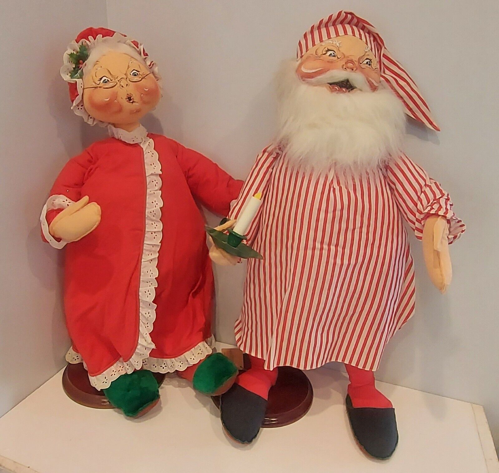 Vintage 30" Annalee Santa and Mrs. Clause Christmas Mobilitee Dolls On Wood Base