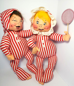 18" Vintage 1965 Annalee Pajama Dolls Striped PJ Kids Christmas Lollipop Winking