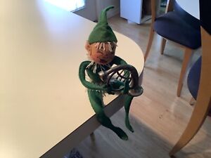 Vintage Annalee 1950's Green Elf with White Tinsel Holding French Horn 10" Doll