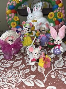 Lot of 5 Annalee Easter & Spring 4 Mice And One Bunny Felt Wire Dolls 2013-2018