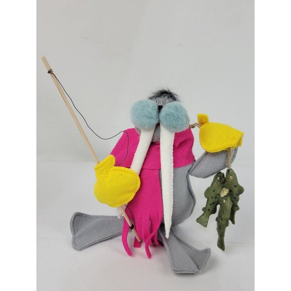 1999 Annalee 6" Fishin' Fun Walrus W/Fishing Pole & Fish Felt Plush Posable Doll