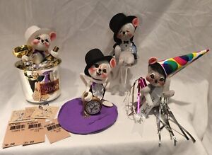 ANNALEE RaRe Lot 4 Happy New Year Dolls MICE Drunk MOUSE Ice Bucket Wine Glass