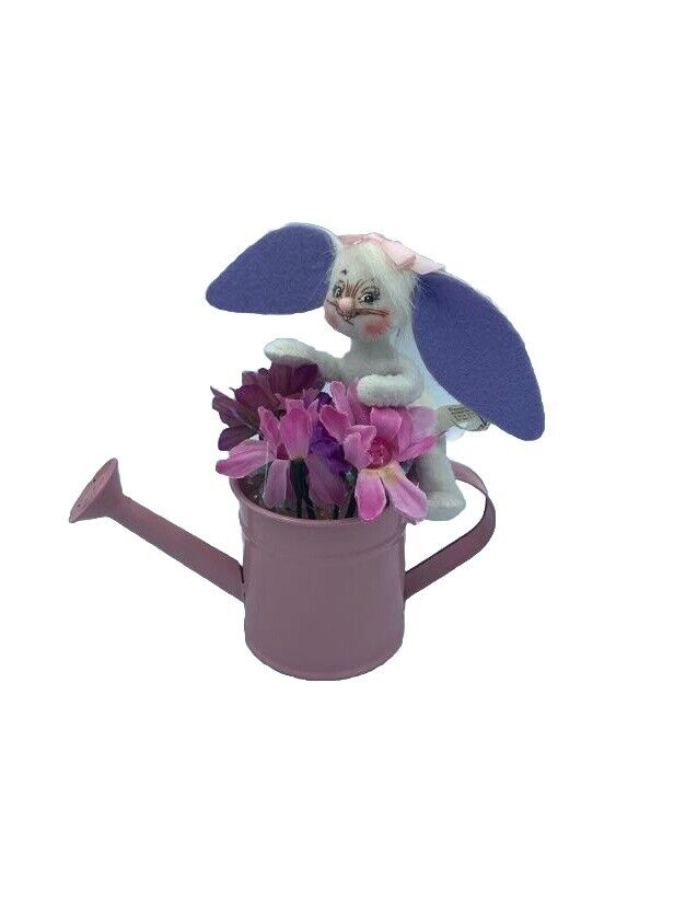 Annalee 3" Azalea Bunny in Watering Can 2008 Pink Metal Can White Bunny Flowers