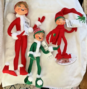 NEW ANNALEE (1)14"& (1) 8" TRADITIONAL RED & (1) 12"GREEN CHRISTMAS SWIRL ELVES