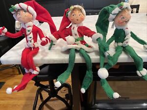 Vintage Annalee Dolls Green & Red Christmas Elves Lot Of 3 Santa Hats 18”