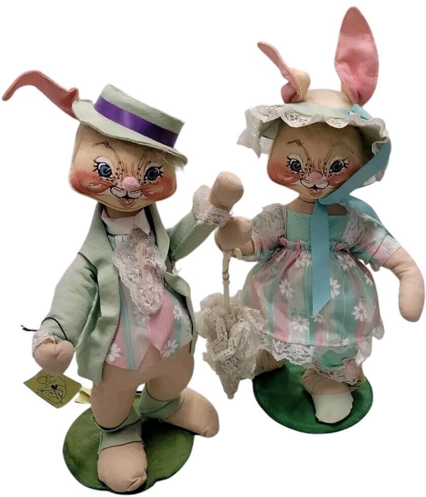XL LARGE Annalee Easter Bunny PAIR Girl Boy Dolls 1980s Spring w Tags 24 Inch