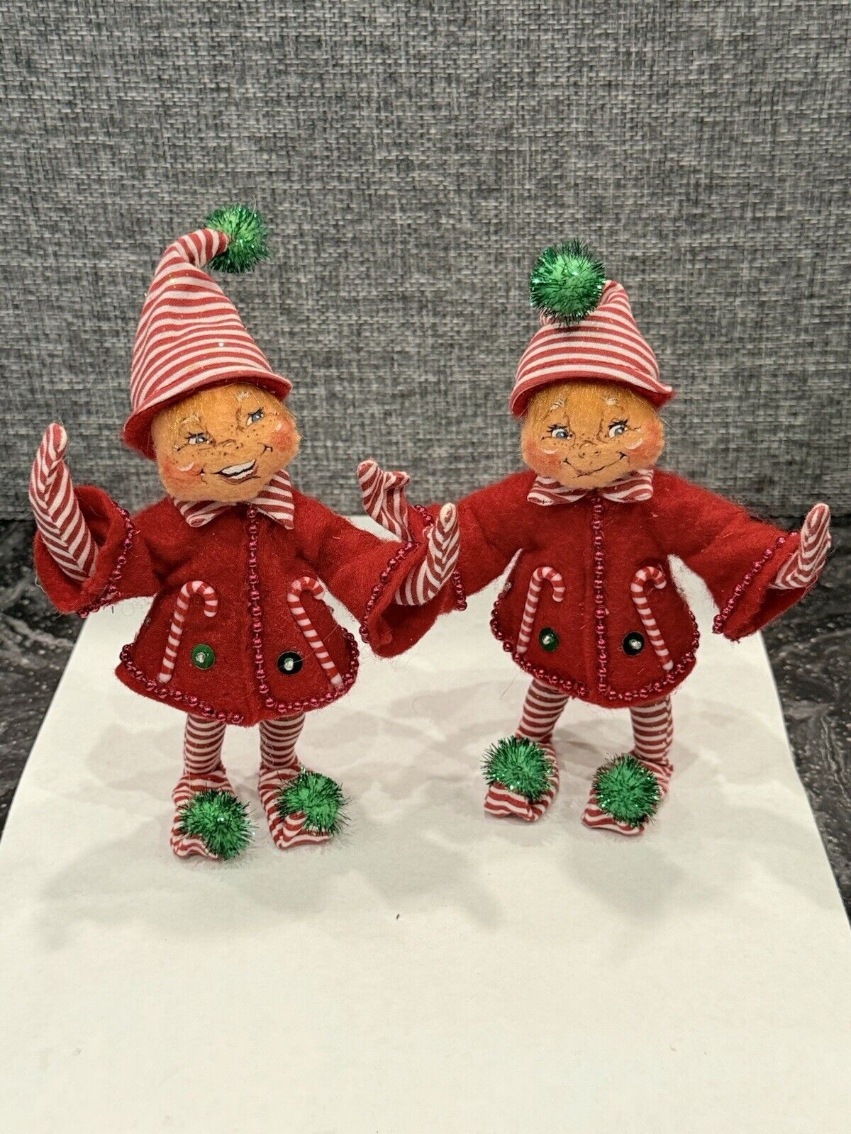 Annalee 2006 Green and Red Candycane Elf Elves 5" Dolls Christmas Lot of 2 EUC