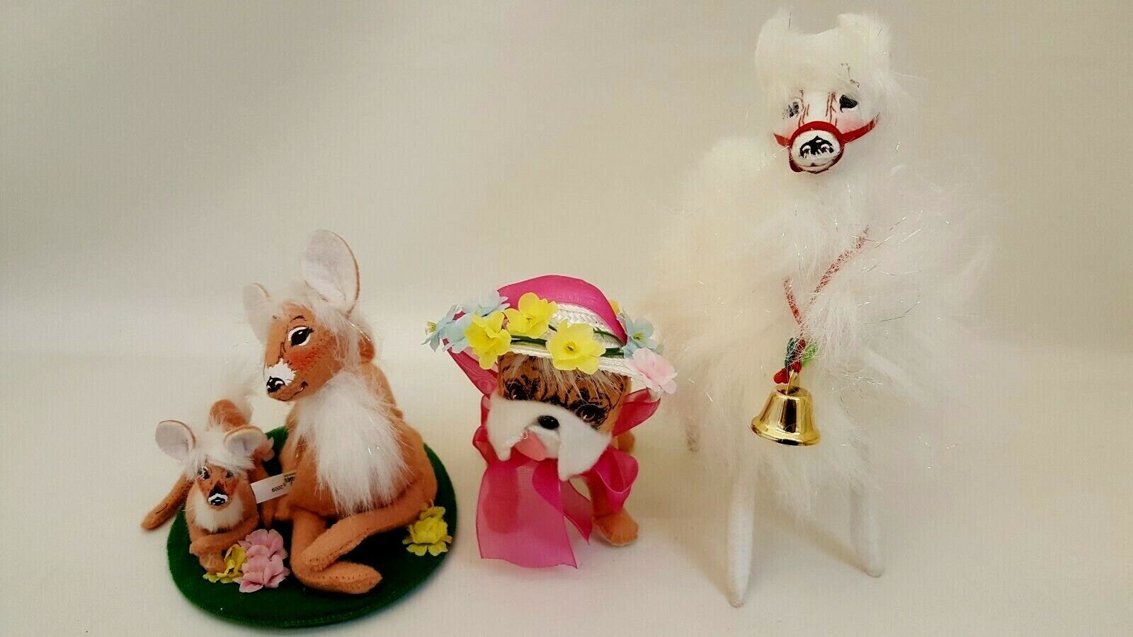 ANNALEE STUFFED DOLL SET LLAMA + BELL, BULLDOG + HAT,  DEER + FAWN + FLOWERS