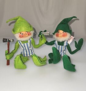 Vintage Annalee Christmas Elf Dolls Workshop Tools Green LOT 1955 Striped Apron