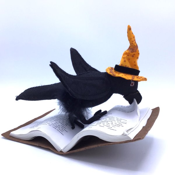 Annalee 2011 Reading Raven 6" Black Doll Halloween Bird w/ Orange Witch Hat
