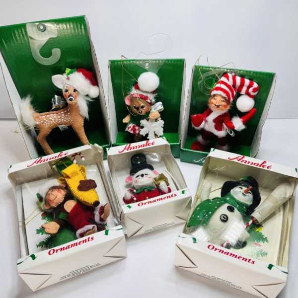 Vintage Annalee Christmas Ornaments Lot Of 6 NOS NEW IN Box Monkey, snowman more